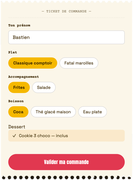 Formulaire de commande : prénom, plat, accompagnement, boisson et dessert