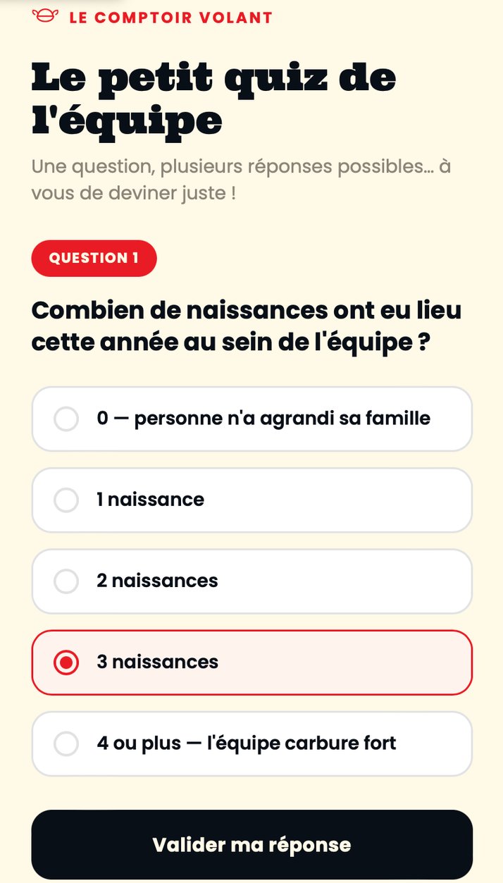 Écran du petit quiz de l’équipe : combien de naissances ont eu lieu cette année ?