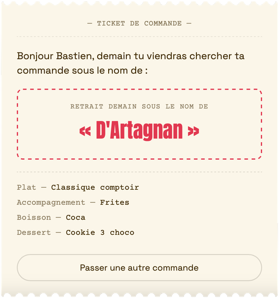Ticket de confirmation avec le surnom de retrait « D’Artagnan »